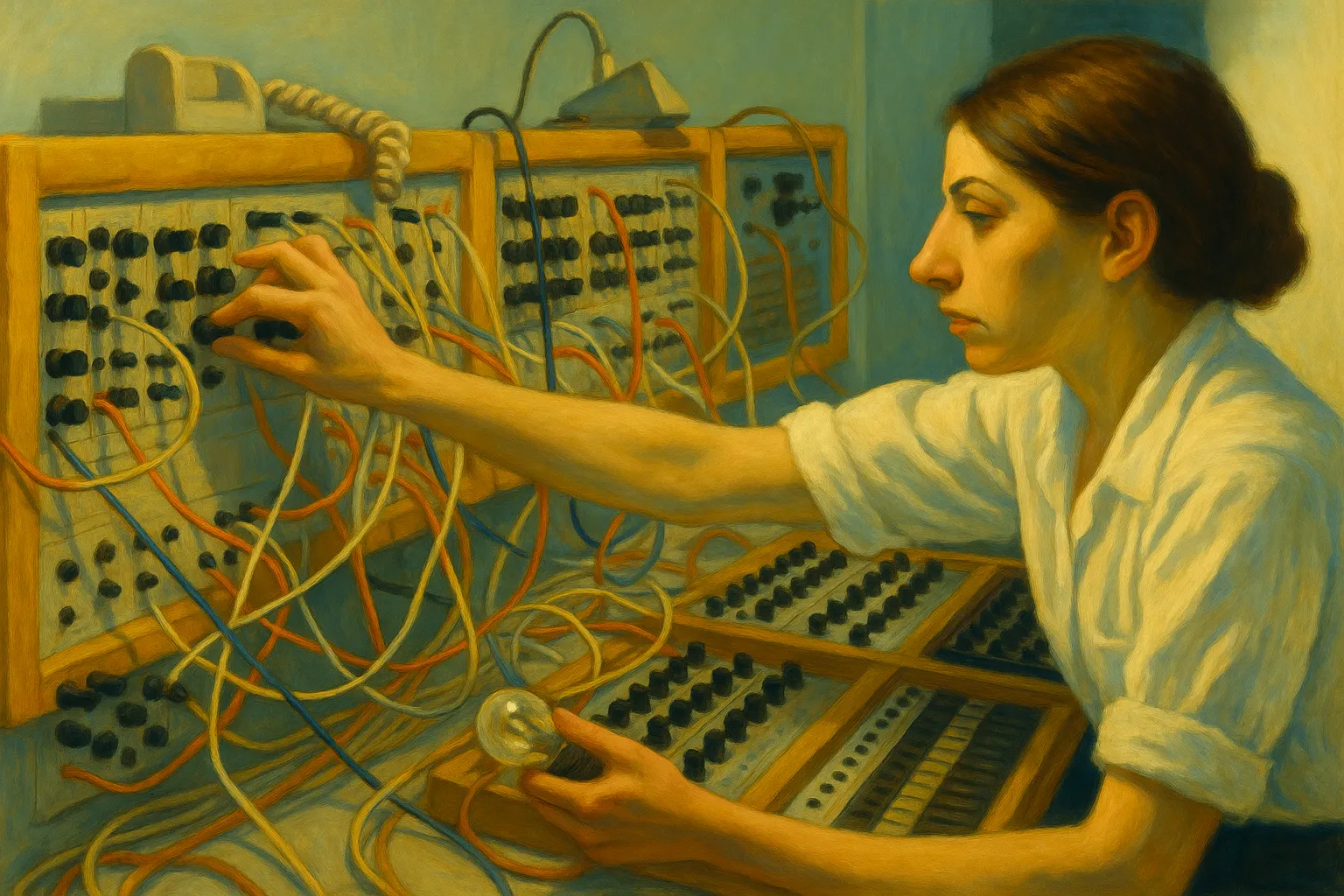 A painting of a telephone operator at a vintage switchboard.